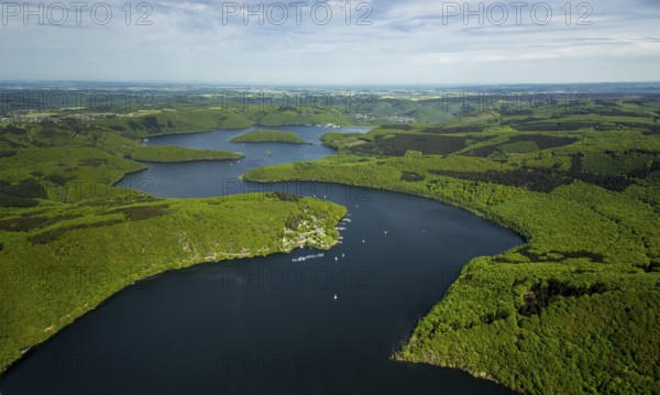 Rurstausee, Rurtalsperre Schwammenauel second largest reservoir in Germany, Simmerath, Eifel, North Rhine-Westphalia, Germany, Europe, aerial view, birds-eyes view, aerial photography, aerial photography, aerial photography, overview, bird's eye view