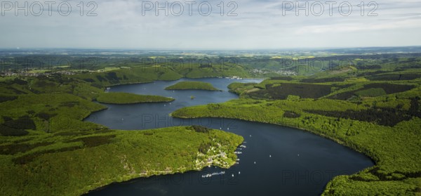 Rurstausee, Rurtalsperre Schwammenauel second largest reservoir in Germany, Simmerath, Eifel, North Rhine-Westphalia, Germany, Europe, aerial view, birds-eyes view, aerial photography, aerial photography, aerial photography, overview, bird's eye view