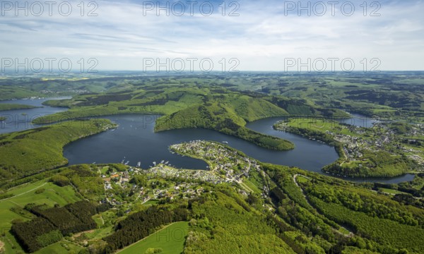 Rurstausee, Rurtalsperre Schwammenauel second largest reservoir in Germany, Simmerath, Eifel, North Rhine-Westphalia, Germany, Europe, aerial view, birds-eyes view, aerial photography, aerial photography, aerial photography, overview, bird's eye view