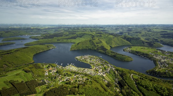 Rurstausee, Rurtalsperre Schwammenauel second largest reservoir in Germany, Simmerath, Eifel, North Rhine-Westphalia, Germany, Europe, aerial view, birds-eyes view, aerial photography, aerial photography, aerial photography, overview, bird's eye view