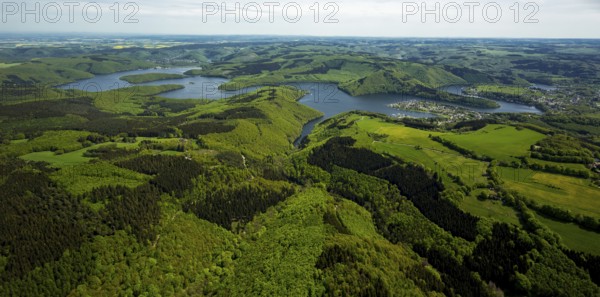 Rurstausee, Rurtalsperre Schwammenauel second largest reservoir in Germany, Simmerath, Eifel, North Rhine-Westphalia, Germany, Europe, aerial view, birds-eyes view, aerial photography, aerial photography, aerial photography, overview, bird's eye view