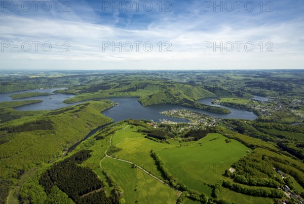 Rurstausee, Rurtalsperre Schwammenauel second largest reservoir in Germany, Simmerath, Eifel, North Rhine-Westphalia, Germany, Europe, aerial view, birds-eyes view, aerial photography, aerial photography, aerial photography, overview, bird's eye view