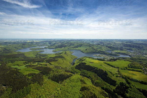 Rurstausee, Rurtalsperre Schwammenauel second largest reservoir in Germany, Simmerath, Eifel, North Rhine-Westphalia, Germany, Europe, aerial view, birds-eyes view, aerial photography, aerial photography, aerial photography, overview, bird's eye view