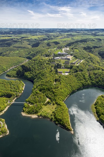 Former Nazi Ordensburg Vogelsang, a building complex erected by the National Socialists on Mount Erpenscheid (1) near Gemünd Eifel above the Urft Dam, Camp Vogelsang former barracks of the Belgian armed forces, Schleiden, Eifel, North Rhine-Westphalia, Germany, Europe, aerial view, birds-eyes view, aerial photography, aerial photography, overview, bird's eye view