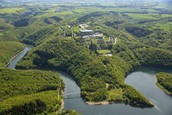 Former Nazi Ordensburg Vogelsang, a building complex erected by the National Socialists on Mount Erpenscheid (1) near Gemünd Eifel above the Urft Dam, Camp Vogelsang former barracks of the Belgian armed forces, Schleiden, Eifel, North Rhine-Westphalia, Germany, Europe, aerial view, birds-eyes view, aerial photography, aerial photography, overview, bird's eye view