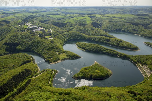 Former Nazi Ordensburg Vogelsang, a building complex erected by the National Socialists on Mount Erpenscheid (1) near Gemünd Eifel above the Urft Dam, Camp Vogelsang former barracks of the Belgian armed forces, Schleiden, Eifel, North Rhine-Westphalia, Germany, Europe, aerial view, birds-eyes view, aerial photography, aerial photography, overview, bird's eye view