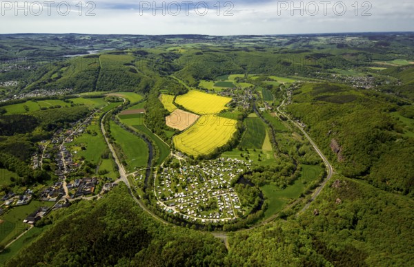 Rurschleife with camping site, agricultural fields and rape fields near Heimbach, Heimbach, Eifel, North Rhine-Westphalia, Germany, Europe, aerial view, birds-eyes view, aerial photography, aerial photography, overview, bird's eye view