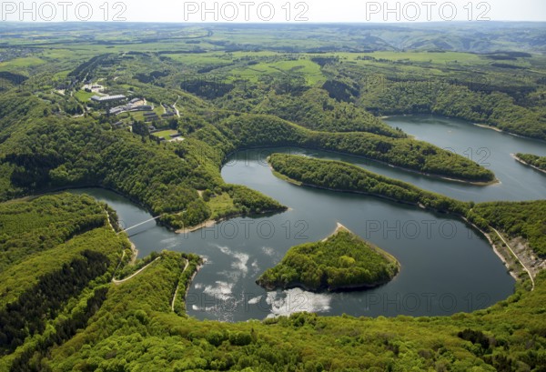 Former Nazi Ordensburg Vogelsang, a building complex erected by the National Socialists on Mount Erpenscheid (1) near Gemünd Eifel above the Urft Dam, Camp Vogelsang former barracks of the Belgian armed forces, Schleiden, Eifel, North Rhine-Westphalia, Germany, Europe, aerial view, birds-eyes view, aerial photography, aerial photography, overview, bird's eye view