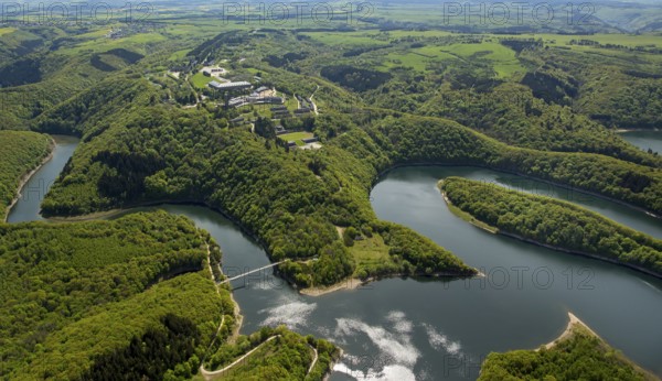 Former Nazi Ordensburg Vogelsang, a building complex erected by the National Socialists on Mount Erpenscheid (1) near Gemünd Eifel above the Urft Dam, Camp Vogelsang former barracks of the Belgian armed forces, Schleiden, Eifel, North Rhine-Westphalia, Germany, Europe, aerial view, birds-eyes view, aerial photography, aerial photography, overview, bird's eye view