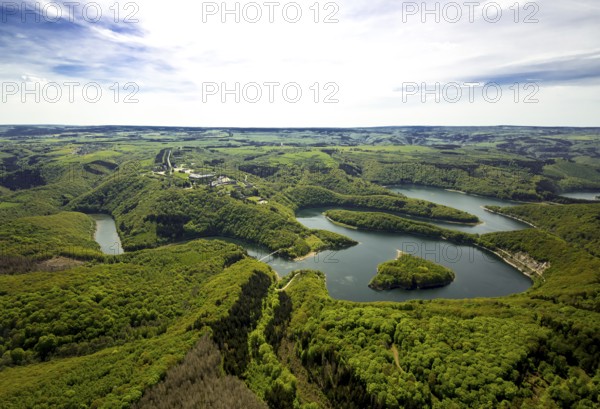 Former Nazi Ordensburg Vogelsang, a building complex erected by the National Socialists on Mount Erpenscheid (1) near Gemünd Eifel above the Urft Dam, Camp Vogelsang former barracks of the Belgian armed forces, Schleiden, Eifel, North Rhine-Westphalia, Germany, Europe, aerial view, birds-eyes view, aerial photography, aerial photography, overview, bird's eye view