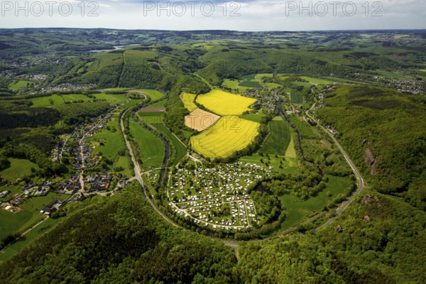 Rurschleife with camping site, agricultural fields and rape fields near Heimbach, Heimbach, Eifel, North Rhine-Westphalia, Germany, Europe, aerial view, birds-eyes view, aerial photography, aerial photography, overview, bird's eye view