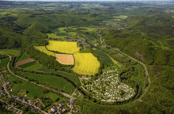 Rurschleife with camping site, agricultural fields and rape fields near Heimbach, Heimbach, Eifel, North Rhine-Westphalia, Germany, Europe, aerial view, birds-eyes view, aerial photography, aerial photography, overview, bird's eye view