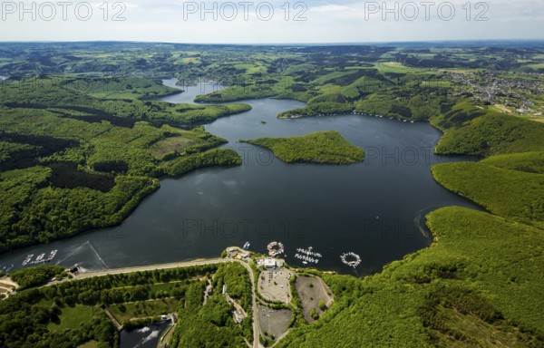 Sailing boat jetty near the dam wall, Rurstausee, Rurtalsperre Schwammenauel second largest reservoir in Germany, Heimbach, Eifel, North Rhine-Westphalia, Germany, Europe, aerial view, birds-eyes view, aerial photography, aerial photography, overview, bird's eye view