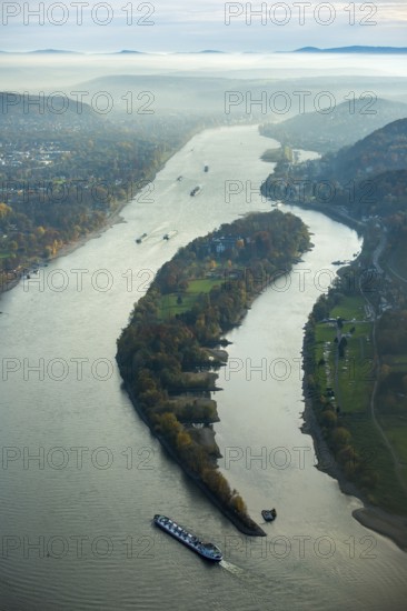 Bad Honnef, Rhine near Siebengebierge near Rolandswerth, Rhine valley in haze, Rhine island Nonnenwerth, island, North Rhine-Westphalia, Germany, Rhine near Siebengebierge near Bad Honnef, Europe, aerial view, birds-eyes view, aerial photography, aerial photography, aerial photography, overview, bird's eye view