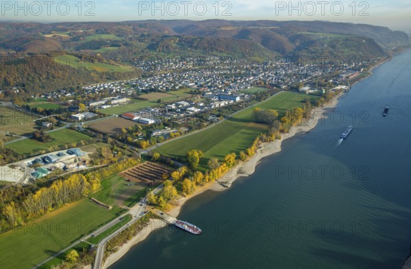 Rhine ferry Bad Hönningen, Rhine valley, Rhine, Bad Breisig, Neuwied district, Rhineland-Palatinate, Germany, Europe, aerial view, birds-eyes view, aerial photography, aerial photography, overview, bird's eye view