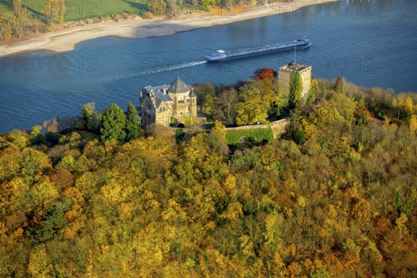 Rheineck Castle in the Rhine Valley, Rhine, autumn leaves, ship, freighter, inland navigation, gas tanker, Bad Breisig, Ahrweiler district, Rhineland-Palatinate, Germany, Europe, aerial view, birds-eyes view, aerial photography, aerial photography, overview, bird's eye view, spa town