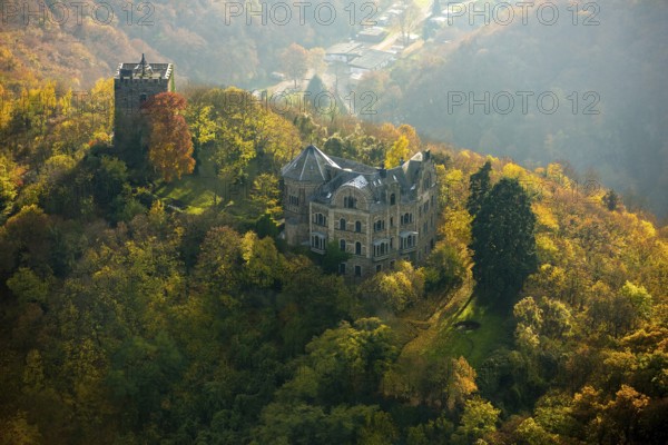 Rheineck Castle in the Rhine Valley, Rhine, autumn foliage, Bad Breisig, Ahrweiler district, Rhineland-Palatinate, Germany, Europe, aerial view, birds-eyes view, aerial photography, aerial photography, overview, bird's eye view, spa town