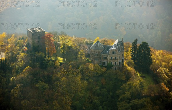 Rheineck Castle in the Rhine Valley, Rhine, autumn foliage, Bad Breisig, Ahrweiler district, Rhineland-Palatinate, Germany, Europe, aerial view, birds-eyes view, aerial photography, aerial photography, overview, bird's eye view, spa town