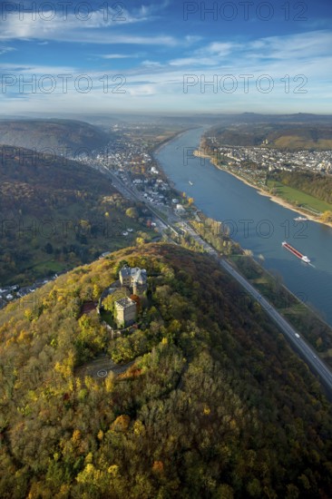 Rheineck Castle in the Rhine Valley, Rhine, autumn foliage, Bad Breisig, Ahrweiler district, Rhineland-Palatinate, Germany, Europe, aerial view, birds-eyes view, aerial photography, aerial photography, overview, bird's eye view, spa town