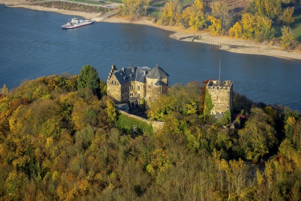 Rheineck Castle in the Rhine Valley, Rhine, autumn foliage, Bad Breisig, Ahrweiler district, Rhineland-Palatinate, Germany, Europe, aerial view, birds-eyes view, aerial photography, aerial photography, overview, bird's eye view, spa town