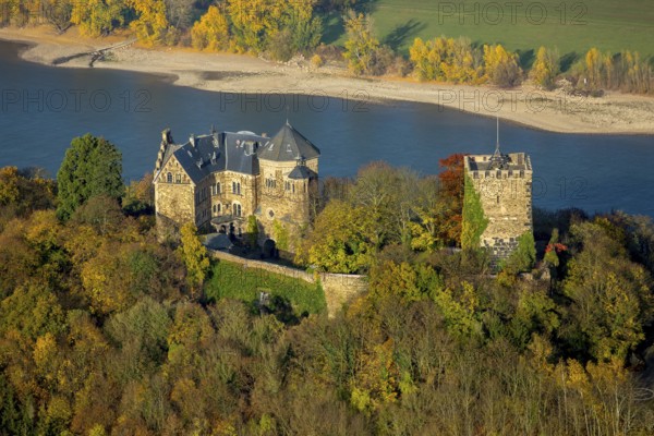 Rheineck Castle in the Rhine Valley, Rhine, autumn foliage, Bad Breisig, Ahrweiler district, Rhineland-Palatinate, Germany, Europe, aerial view, birds-eyes view, aerial photography, aerial photography, overview, bird's eye view, spa town