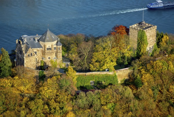 Rheineck Castle in the Rhine Valley, Rhine, autumn foliage, Bad Breisig, Ahrweiler district, Rhineland-Palatinate, Germany, Europe, aerial view, birds-eyes view, aerial photography, aerial photography, overview, bird's eye view, spa town