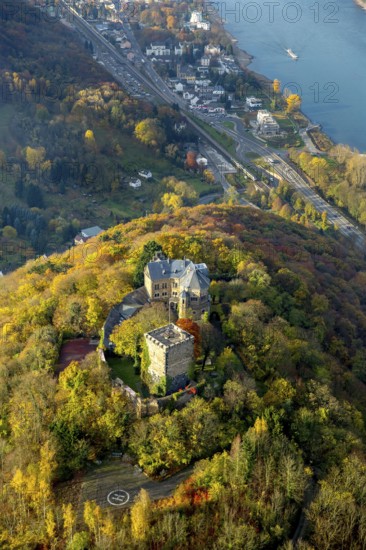 Rheineck Castle in the Rhine Valley, Rhine, autumn foliage, Bad Breisig, Ahrweiler district, Rhineland-Palatinate, Germany, Europe, aerial view, birds-eyes view, aerial photography, aerial photography, overview, bird's eye view, spa town