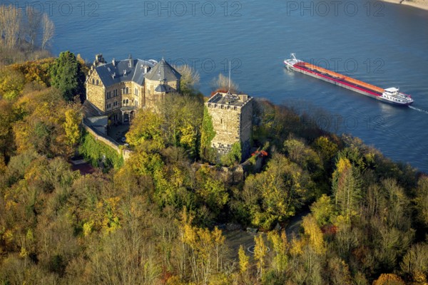 Rheineck Castle in the Rhine Valley, Rhine, autumn leaves, ship, freighter, inland navigation, Bad Breisig, Ahrweiler district, Rhineland-Palatinate, Germany, Europe, aerial view, birds-eyes view, aerial photography, aerial photography, overview, overview, bird's eye view, spa town