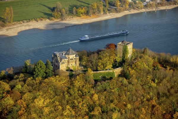 Rheineck Castle in the Rhine Valley, Rhine, autumn leaves, ship, freighter, inland navigation, gas tanker, Bad Breisig, Ahrweiler district, Rhineland-Palatinate, Germany, Europe, aerial view, birds-eyes view, aerial photography, aerial photography, overview, bird's eye view, spa town
