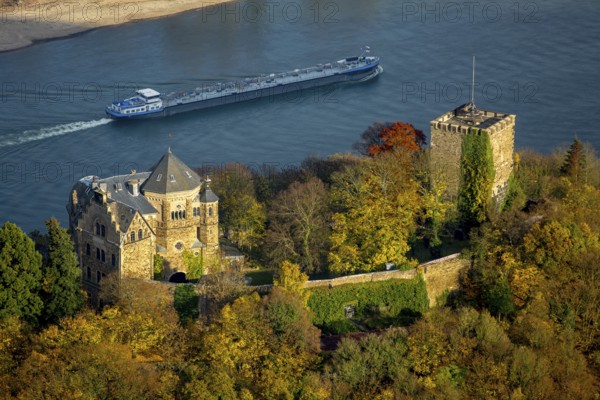 Rheineck Castle in the Rhine Valley, Rhine, autumn leaves, ship, freighter, inland navigation, gas tanker, Bad Breisig, Ahrweiler district, Rhineland-Palatinate, Germany, Europe, aerial view, birds-eyes view, aerial photography, aerial photography, overview, bird's eye view, spa town