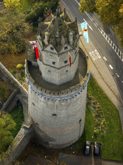 The Round Tower, landmark of Andernach, corner defence tower in the town wall, defence tower, Andernach, district of Mayen-Koblenz, Rhineland-Palatinate, Germany, Europe, aerial view, birds-eyes view, aerial photography, aerial photography, overview, bird's eye view