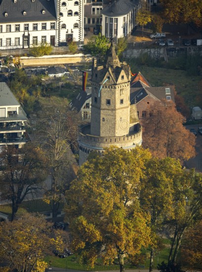 The Round Tower, landmark of Andernach, corner defence tower in the town wall, defence tower, Andernach, district of Mayen-Koblenz, Rhineland-Palatinate, Germany, Europe, aerial view, birds-eyes view, aerial photography, aerial photography, overview, bird's eye view