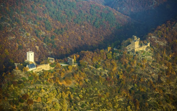 Sterrenberg Castle and Liebenstein Castle on the right, Rhine Valley, autumn foliage, right bank of the Rhine, Bad Salzig, Taunus, Rhineland-Palatinate, Germany, Boppard, Europe, aerial photo, birds-eyes view, aerial photography, aerial photography, overview, bird's eye view