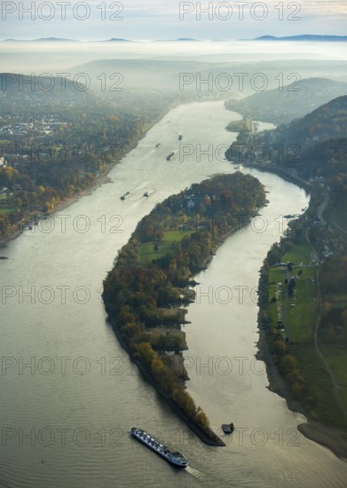 Bad Honnef, Rhine near Siebengebierge near Rolandswerth, Rhine valley in haze, Rhine island Nonnenwerth, island, North Rhine-Westphalia, Germany, Rhine near Siebengebierge near Bad Honnef, Europe, aerial view, birds-eyes view, aerial photography, aerial photography, aerial photography, overview, bird's eye view