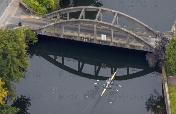 Aerial view, kayaker under the bridge at the Hohenstein hydroelectric power station in Witten, Ruhr area, North Rhine-Westphalia, Germany, bridge, DE, Europe, power station, aerial view, aerial photography, aerial photography, overview, bird's eye view, Hohenstein hydroelectric power station, Witten, birds-eyes view, overview