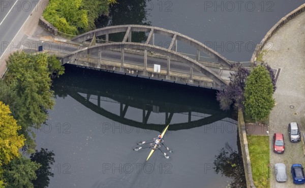Aerial view, kayaker under the bridge at the Hohenstein hydroelectric power station in Witten, Ruhr area, North Rhine-Westphalia, Germany, bridge, DE, Europe, power station, aerial view, aerial photography, aerial photography, overview, bird's eye view, Hohenstein hydroelectric power station, Witten, birds-eyes view, overview