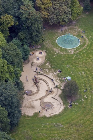 Aerial view, forest area and recreation area Hohenstein with the children's playground in Witten, Ruhr area, North Rhine-Westphalia, Germany, DE, Europe, leisure, children's playground, aerial view, aerial photography, aerial photography, overview, bird's-eye view, forest area, Witten, birds-eyes view, overview