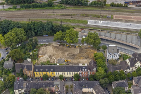 Aerial view, construction site for new hotel building on Bergerstraße at the main railway station in Witten, Ruhr area, North Rhine-Westphalia, Germany, construction work, construction area, construction site, building plots, construction project, construction site, DE, Europe, aerial view, aerial photography, aerial photography, overview, bird's eye view, Witten, birds-eyes view, overview