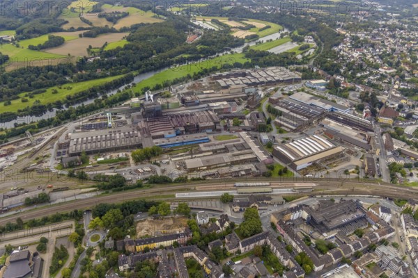 Aerial view, stainless steel plant Witten, main station Witten and construction site for new hotel building at Bergerstraße in Witten, Ruhr area, North Rhine-Westphalia, Germany, railway tracks, railway station, construction work, construction area, construction site, building plots, construction project, construction site, DE, Deutsche Bahn AG, Europe, commercial enterprises, commercial space, commercial area, commercial site, commercial use, main railway station, main station, industrial area, industrial site, aerial view, aerial photography, aerial photography, new construction, overview, bird's-eye view, Witten, birds-eyes view, overview