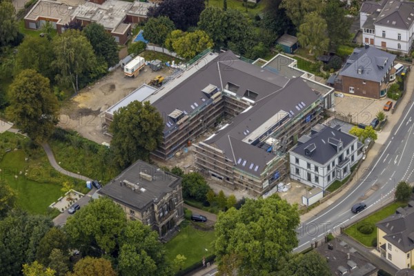 Aerial view, construction site for 30 lofts on the former Scharfen site as well as Scharfen Villa and Lohmann Villa in Witten, Ruhr area, North Rhine-Westphalia, Germany, construction work, construction area, building site, building plots, construction project, construction site, DE, Europe, aerial view, aerial photography, aerial photography, new building, overview, bird's eye view, Witten, birds-eyes view, overview