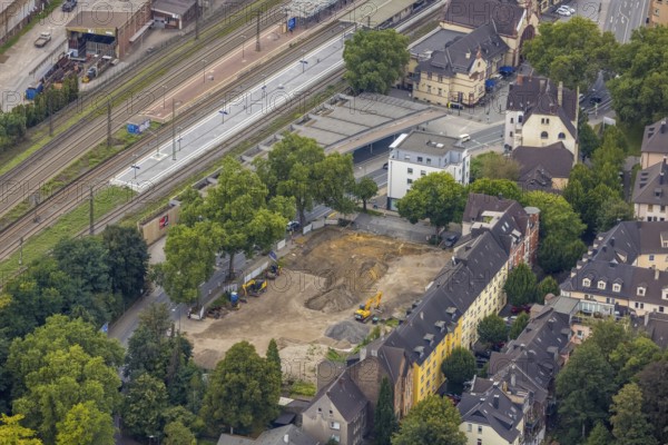 Aerial view, construction site for new hotel building on Bergerstraße at the main railway station in Witten, Ruhr area, North Rhine-Westphalia, Germany, construction work, construction area, construction site, building plots, construction project, construction site, DE, Europe, aerial view, aerial photography, aerial photography, overview, bird's eye view, Witten, birds-eyes view, overview