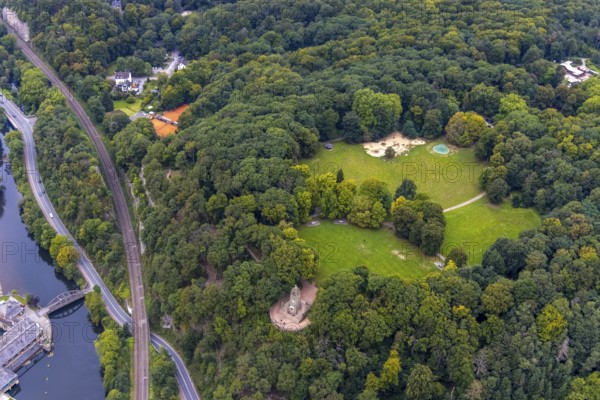Aerial view, forest area and recreation area Hohenstein with the children's playground and playground and the mountain monument in Witten, Ruhr area, North Rhine-Westphalia, Germany, excursion destination, mountain monument, DE, Europe, leisure, children's playground, aerial view, aerial photography, aerial photography, playground, overview, bird's eye view, forest area, Witten, birds-eyes view, overview