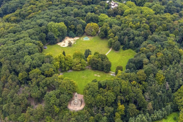 Aerial view, forest area and recreation area Hohenstein with the children's playground and playground and the mountain monument in Witten, Ruhr area, North Rhine-Westphalia, Germany, excursion destination, mountain monument, DE, Europe, leisure, children's playground, aerial view, aerial photography, aerial photography, playground, overview, bird's eye view, forest area, Witten, birds-eyes view, overview
