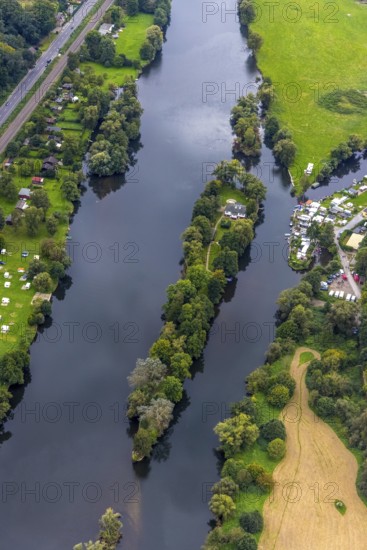 Aerial view, river Ruhr with the camping site Steger and the Ruhrinsel in the district Bommern in Witten, Ruhr area, North Rhine-Westphalia, Germany, DE, Europe, aerial view, aerial photography, aerial photography, overview, bird's eye view, Witten, birds-eyes view, overview