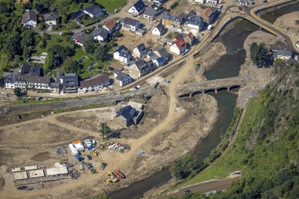 Aerial view, flood area on the river Ahr with destroyed bridges in the Kreuzberg district, Altenahr, Ahr valley, Rhineland-Palatinate, Germany, Ahrbrück, Ahr flood, DE, railway bridge, Europe, flood disaster, flood disaster, flood of the century, aerial view, aerial photography, aerial photography, overview, bird's-eye view, overview, flooding, flooding, flood area