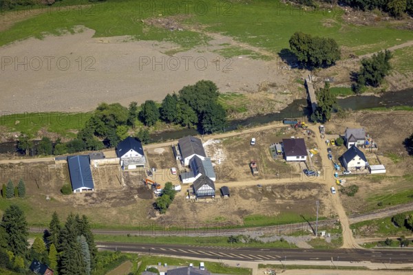 Aerial view, flood area at the river Ahr with construction area in Mühlenauel, Ahrbrück, Ahr flood, Ahr valley, Rhineland-Palatinate, Germany, construction work, construction area, construction site, building plots, construction project, construction site, DE, Europe, property tax, real estate, flood of the century, aerial view, aerial photography, aerial photography, overview, bird's eye view, residential complex, living and living, residential area, residential buildings, birds-eyes view, overview