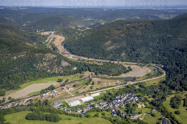 Aerial view, flood area at the river Ahr in the district Pützfeld in Ahrbrück, Ahr valley, Rhineland-Palatinate, Germany, Ahrbrück, Ahr flood, Altenahr, castle, DE, Europe, flood disaster, flood disaster, Höhenburg, century flood, aerial photograph, aerial photography, aerial photography, overview, bird's-eye view, forest area, birds-eyes view, overview, flooding, flooding, flood area