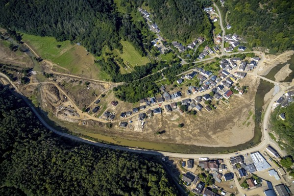 Aerial view, flood area on the river Ahr with Ahr bridge in the district of Brück, Ahrbrück, Ahr valley, Rhineland-Palatinate, Germany, Ahr flood, DE, Europe, flood disaster, flood disaster, flood of the century, St Catherine's Chapel on the rock, aerial view, aerial photography, aerial photography, overview, bird's eye view, forest area, birds-eyes view, overview, flooding, flooding, flood area