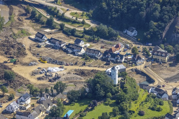 Aerial view, flooded area at the river Ahr with destroyed bridges and historical sight Burg Kreuzberg in the district Kreuzberg, Altenahr, Ahr valley, Rhineland-Palatinate, Germany, Ahr flood, castle, DE, Europe, flood disaster, flood disaster, hilltop castle, century flood, aerial view, aerial photography, aerial photography, overview, bird's-eye view, overview, flooding, flooding, flooded area