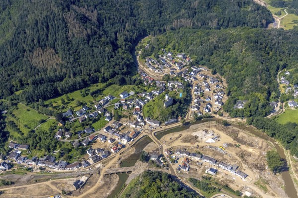Aerial view, flooded area at the river Ahr with destroyed bridges and historical sight Burg Kreuzberg in the district Kreuzberg, Altenahr, Ahr valley, Rhineland-Palatinate, Germany, Ahr flood, castle, DE, Europe, flood disaster, flood disaster, hilltop castle, century flood, aerial view, aerial photography, aerial photography, overview, bird's-eye view, overview, flooding, flooding, flooded area